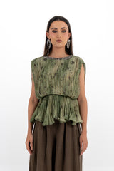 Pleated Peplum Sleeveless Top with Embellished Neckline