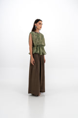Pleated Peplum Sleeveless Top with Embellished Neckline