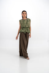 Pleated Peplum Sleeveless Top with Embellished Neckline
