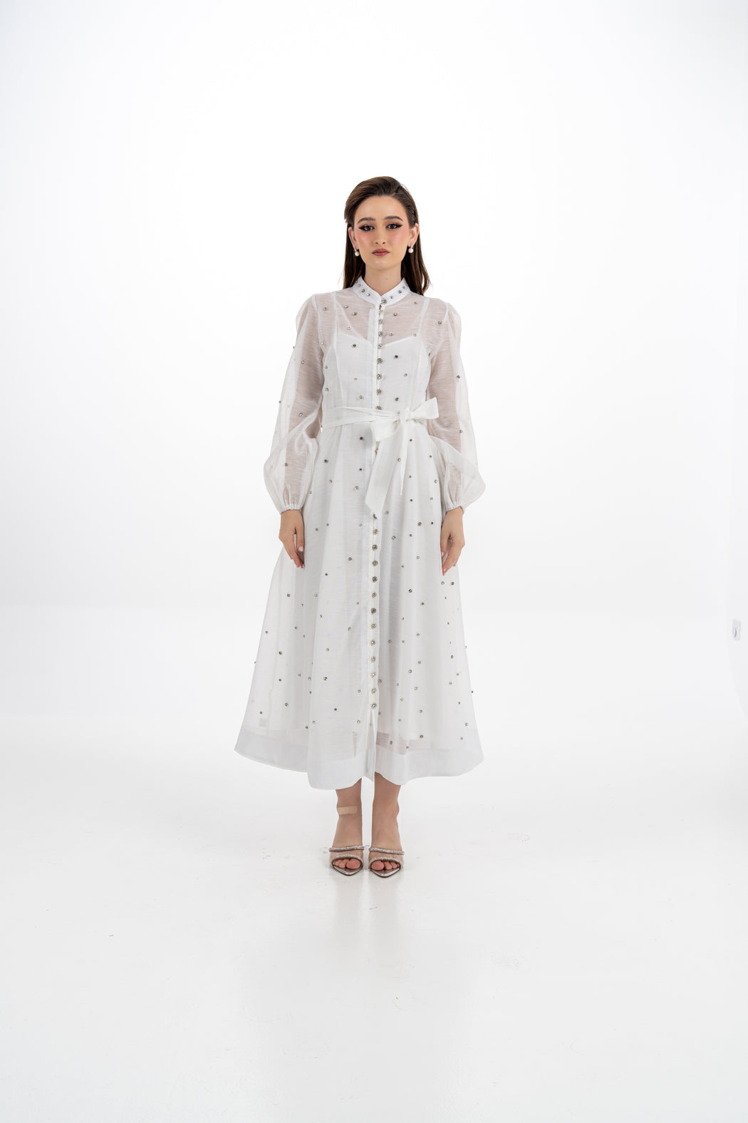 Radiant Elegance Stone-Embellished Sheer Midi Dress