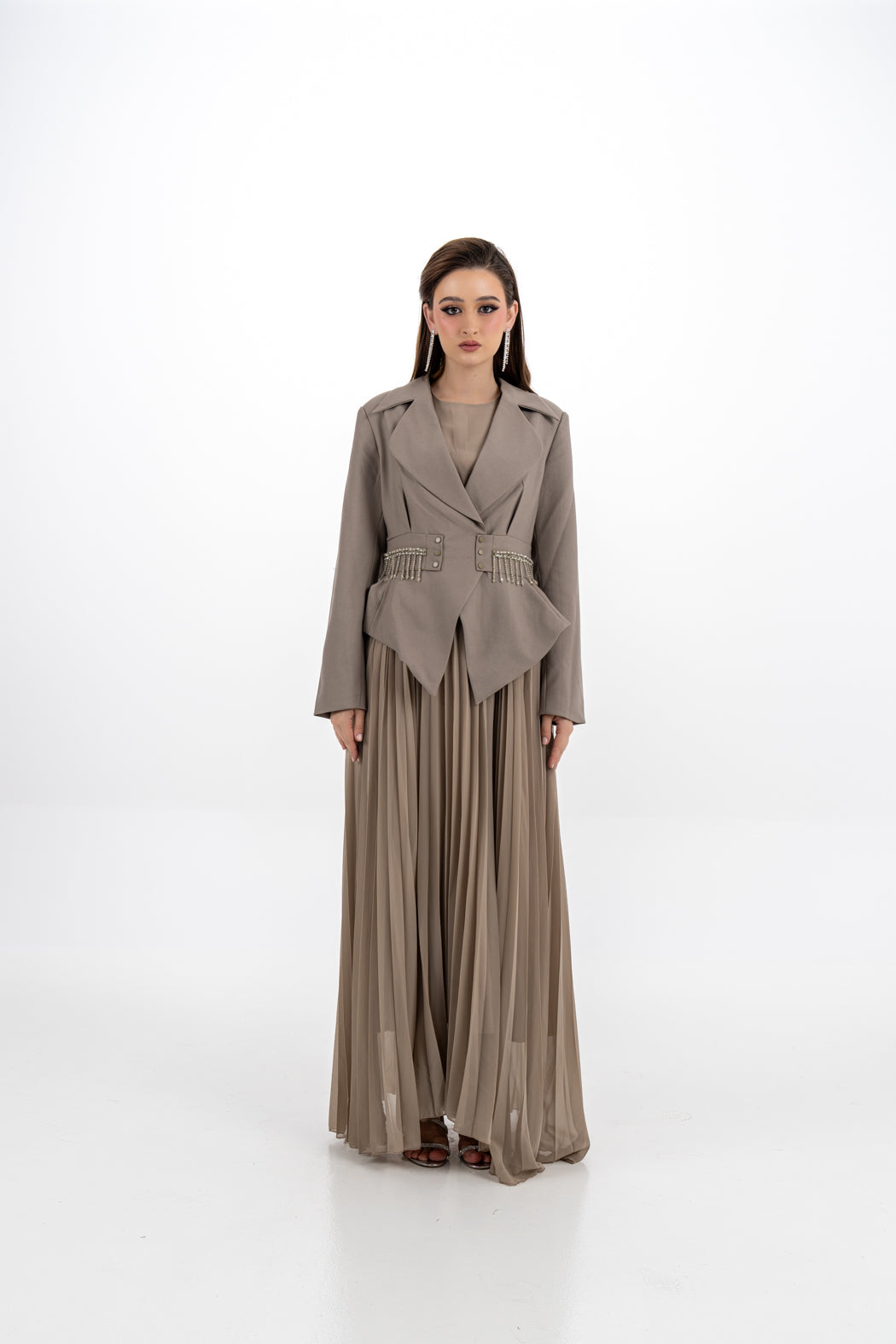 Pleated Maxi Dress with Embellished Removable Jacket