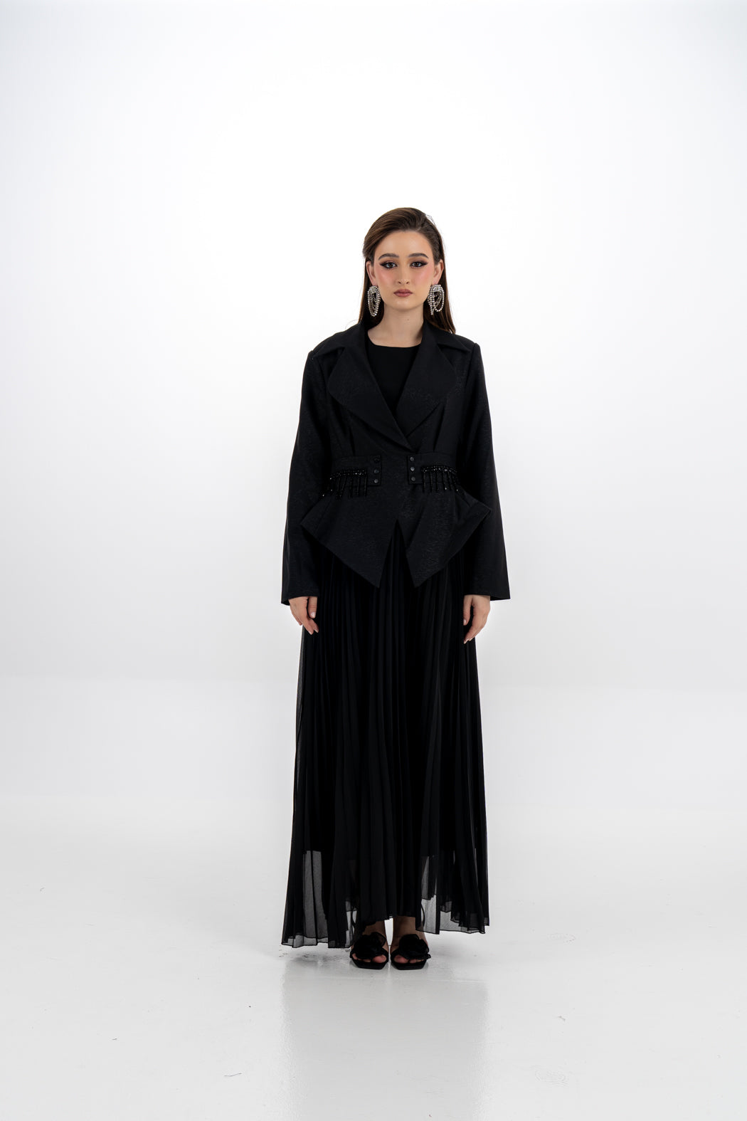Pleated Maxi Dress with Embellished Removable Jacket