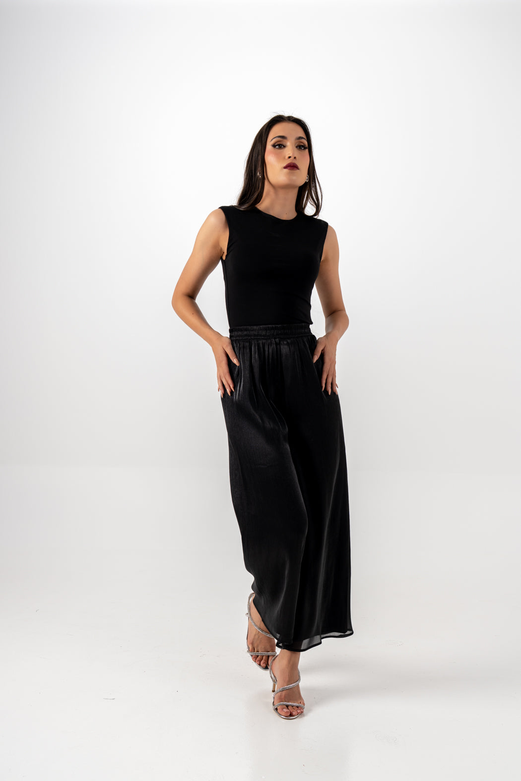 Wide-Leg Shimmer Pant with Elastic Waist