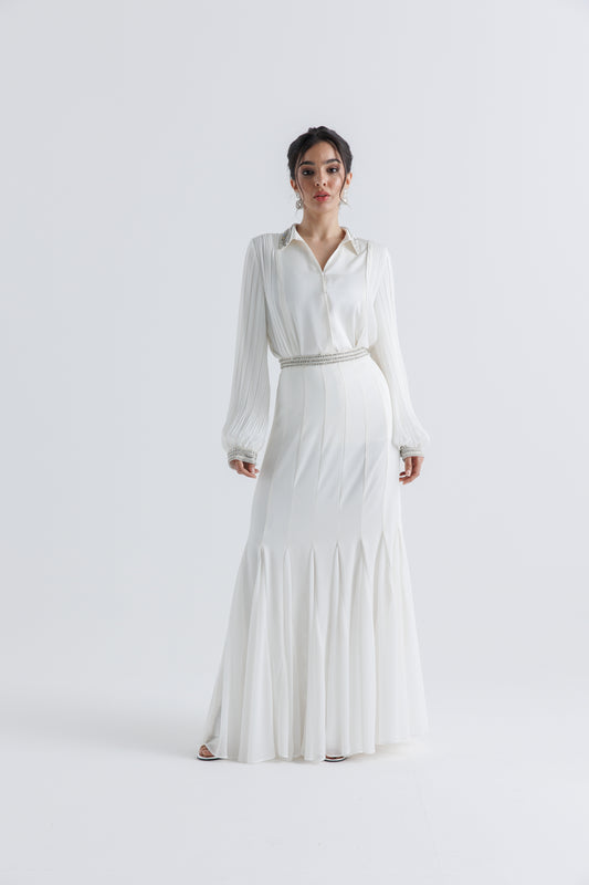 Embellished Waist Pleated Maxi Skirt