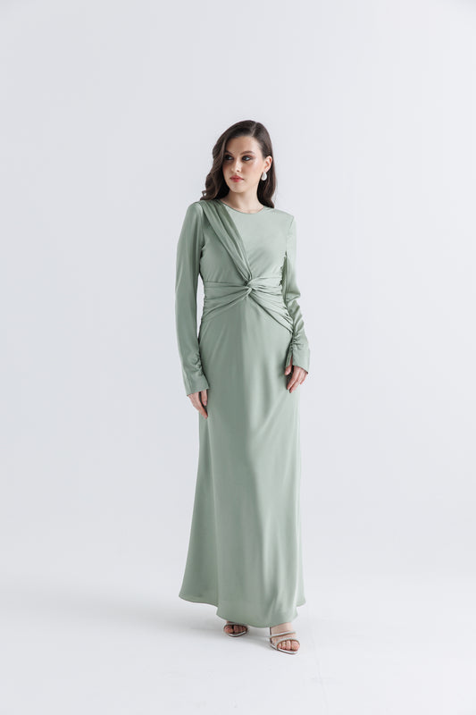 Draped Waist Maxi Dress with Button Cuff Detail