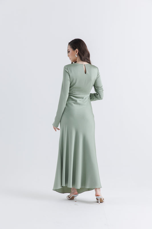 Draped Waist Maxi Dress with Button Cuff Detail