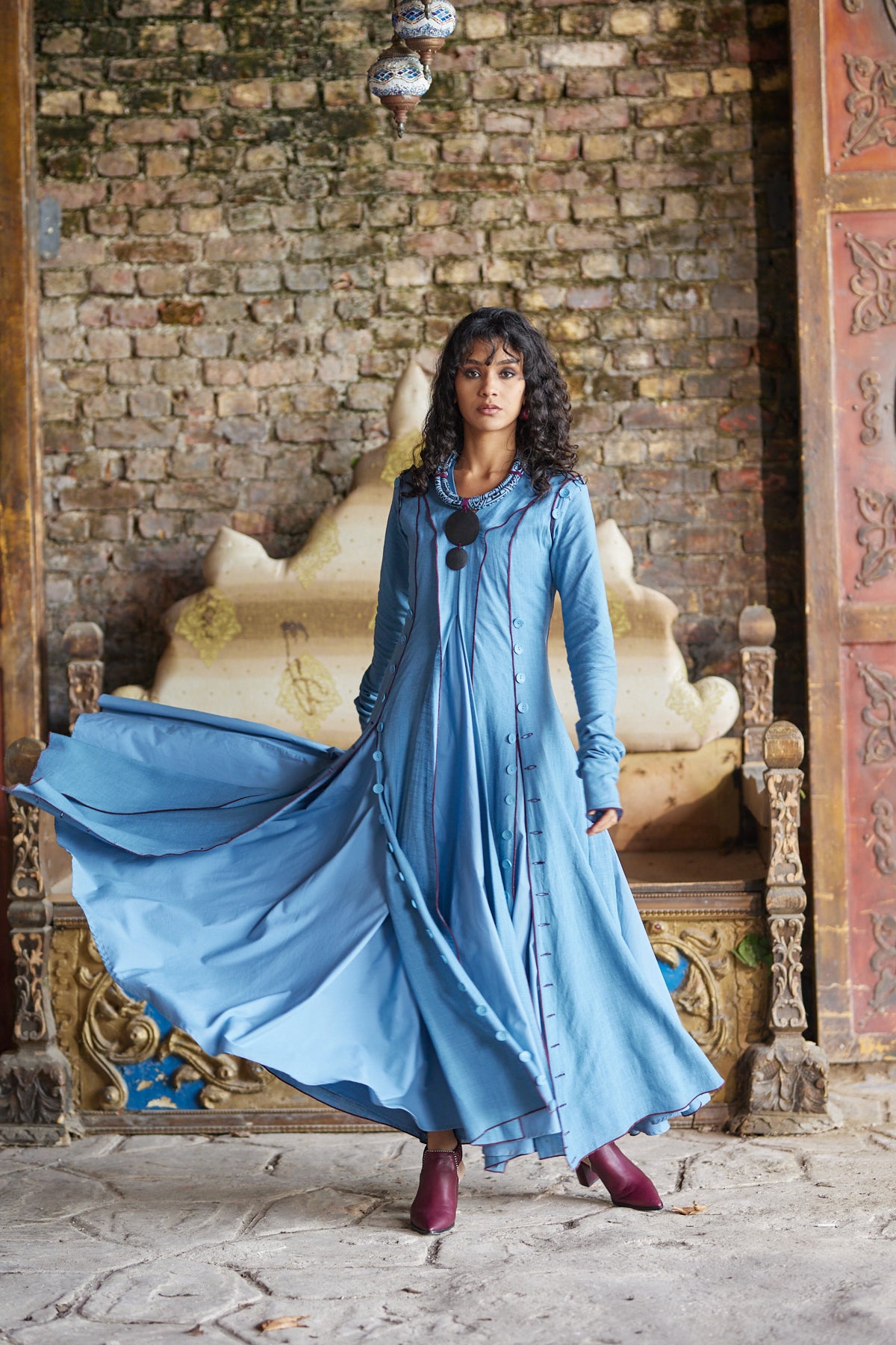 Button Shoulder Flared Maxi Dress - Montania Shop