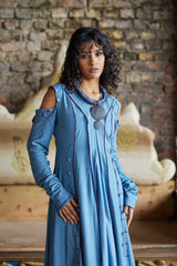 Button Shoulder Flared Maxi Dress - Montania Shop