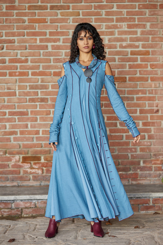 Button Shoulder Flared Maxi Dress - Montania Shop