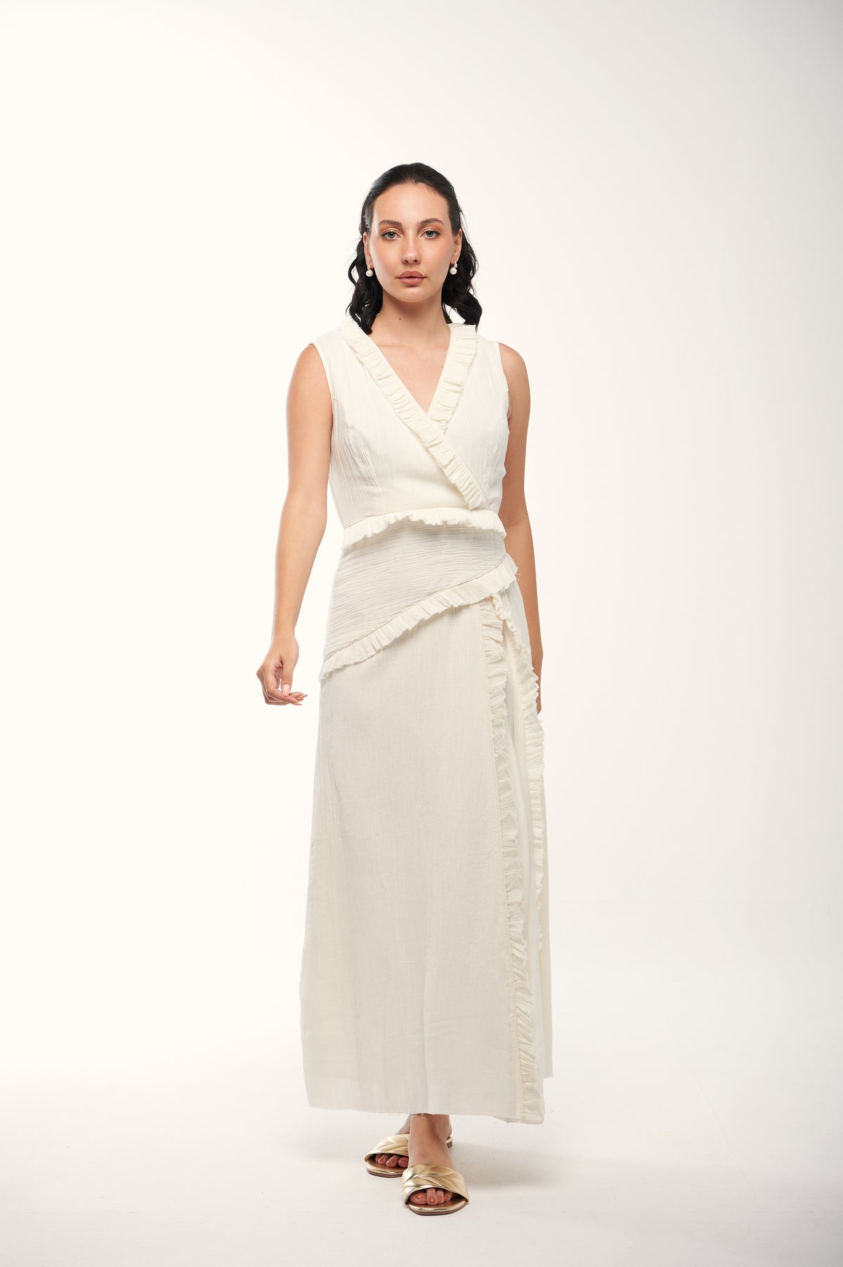Sleeveless Wrap-Style Dress with Ruffle Trim