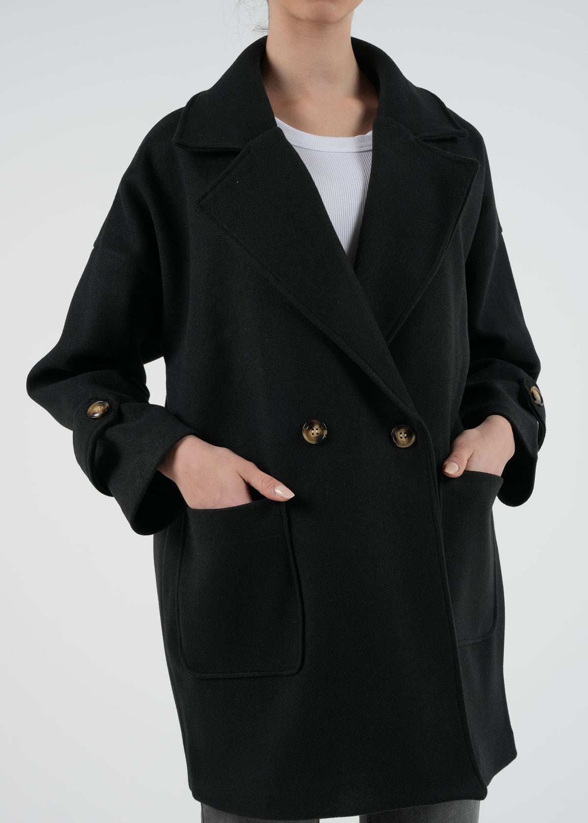 Oversized Double-Breasted Coat with Buttoned Sleeves