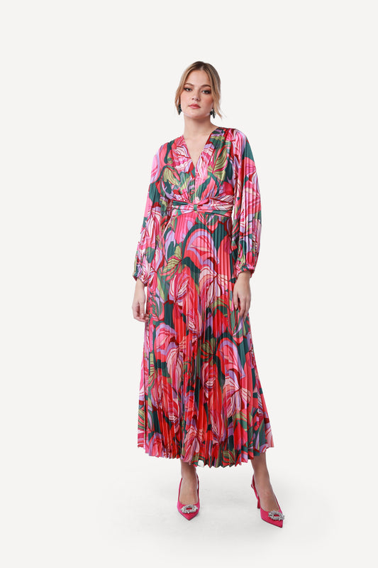 2343009- Printed Pleated Maxi Dress - Montania Shop