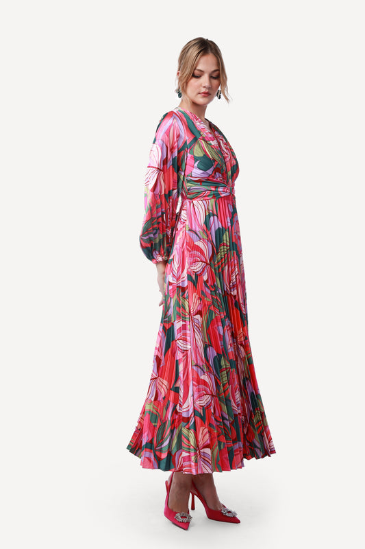 2343009- Printed Pleated Maxi Dress - Montania Shop
