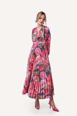 2343009- Printed Pleated Maxi Dress - Montania Shop