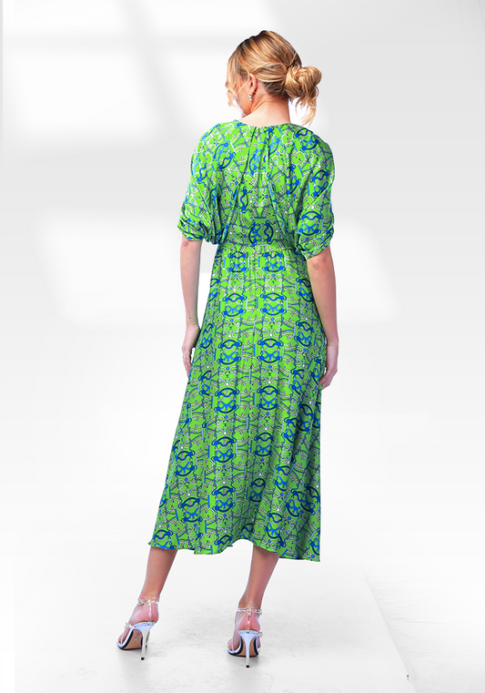 2306007- Cape Sleeve Printed Dress - Montania Shop