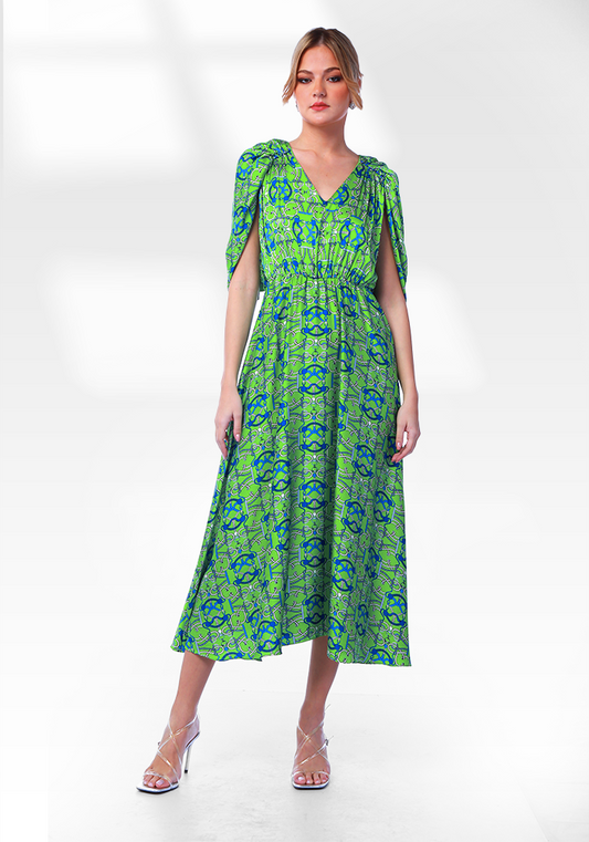 2306007- Cape Sleeve Printed Dress - Montania Shop